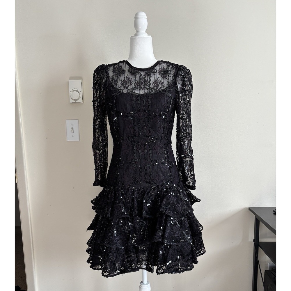 Vintage 80s Julie Duroche After Five Black Dress Sequin Lace‎ Dramatic Goth